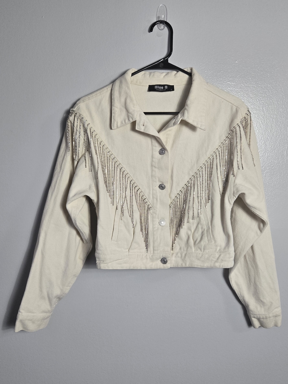 Blue B Collection Cream Rhinestone Fringe Western Cropped Denim Jacket Small